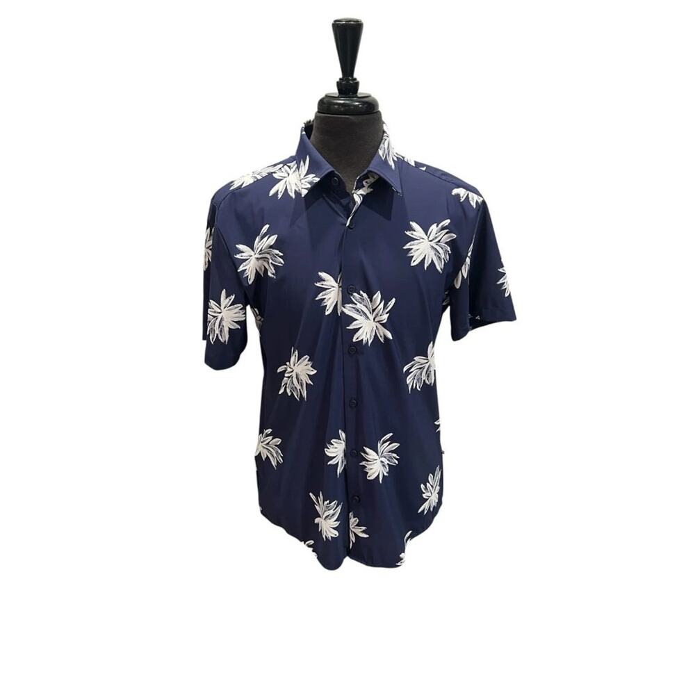 Large Hugo Boss Mens L Blue Hawaiian Palm Trees Button Up Slim Fit